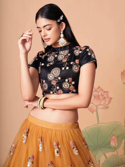 Tulsi Art Fabulous Yellow Mirror Embroidered Net Festive Lehenga Choli