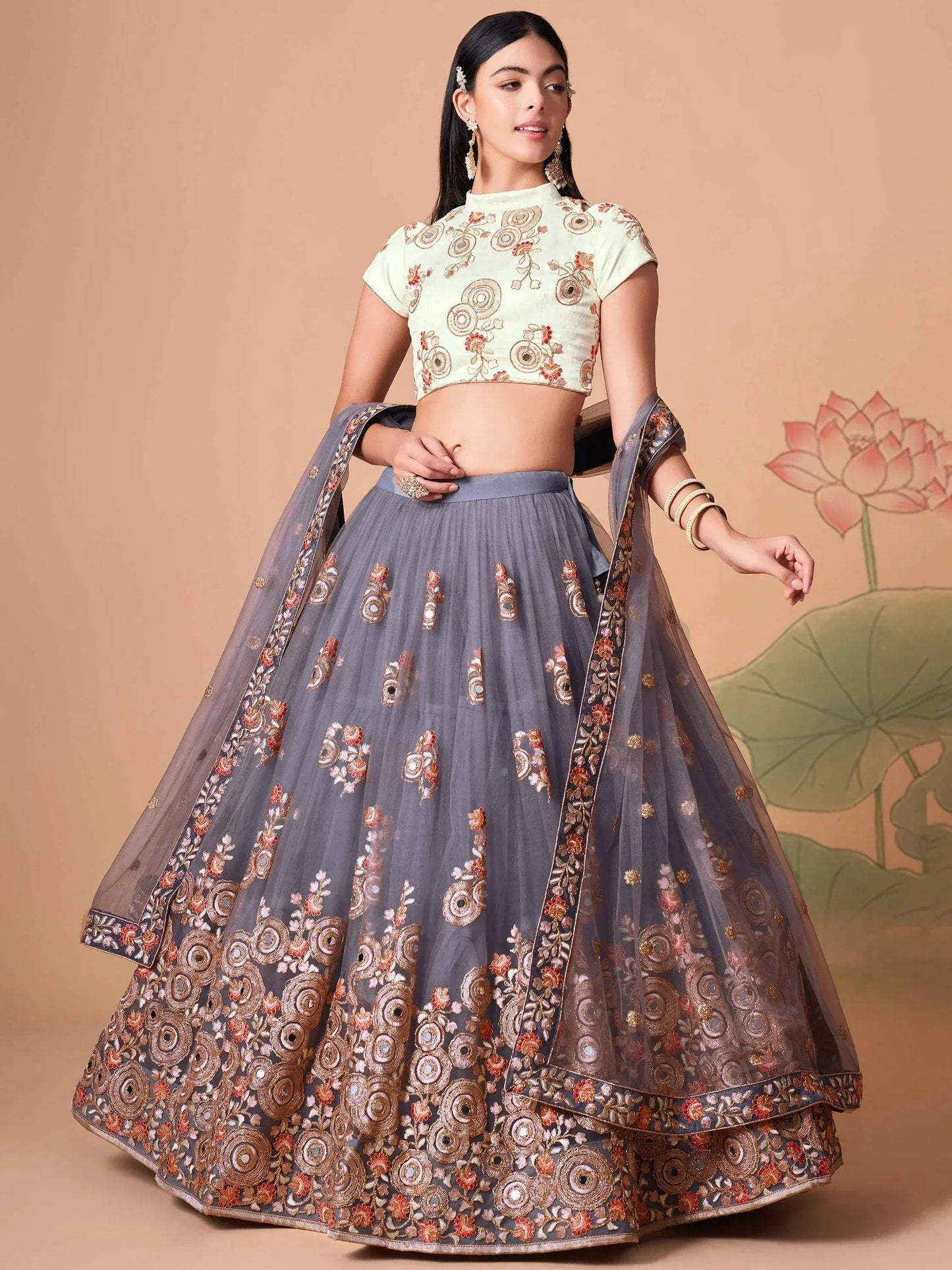 Tulsi Art Sumptuous Grey Mirror Work Net Designer Lehenga Choli