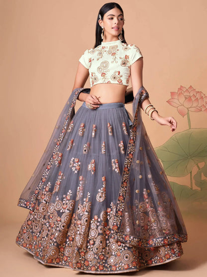 Tulsi Art Sumptuous Grey Mirror Work Net Designer Lehenga Choli
