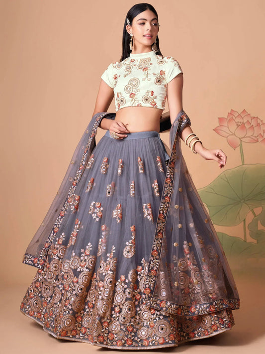 Tulsi Art Sumptuous Grey Mirror Work Net Designer Lehenga Choli