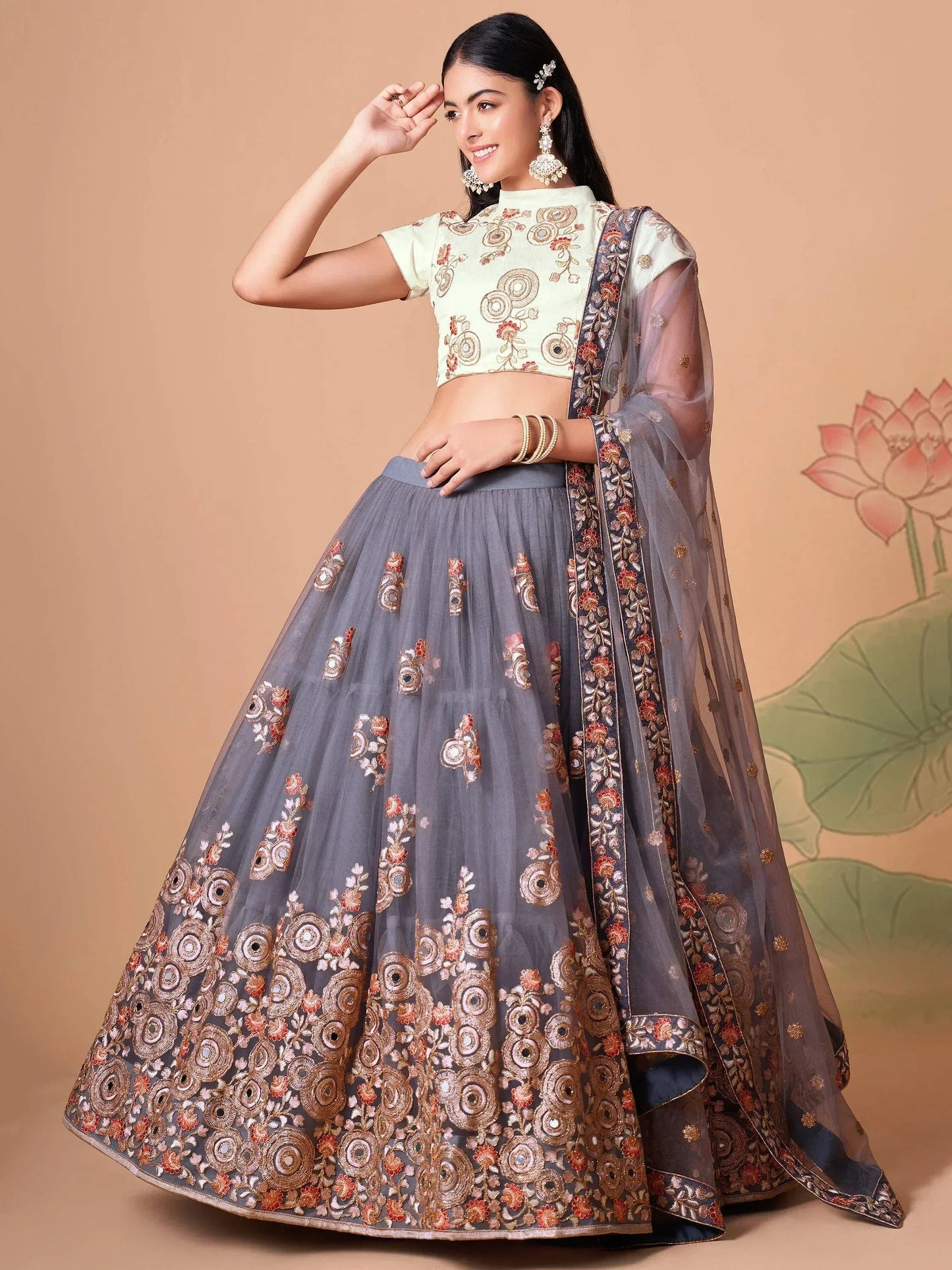 Tulsi Art Sumptuous Grey Mirror Work Net Designer Lehenga Choli