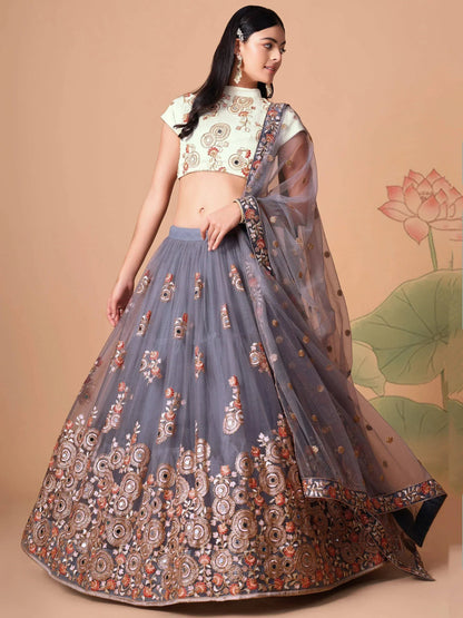 Tulsi Art Sumptuous Grey Mirror Work Net Designer Lehenga Choli