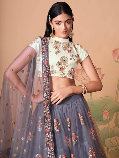 Tulsi Art Sumptuous Grey Mirror Work Net Designer Lehenga Choli