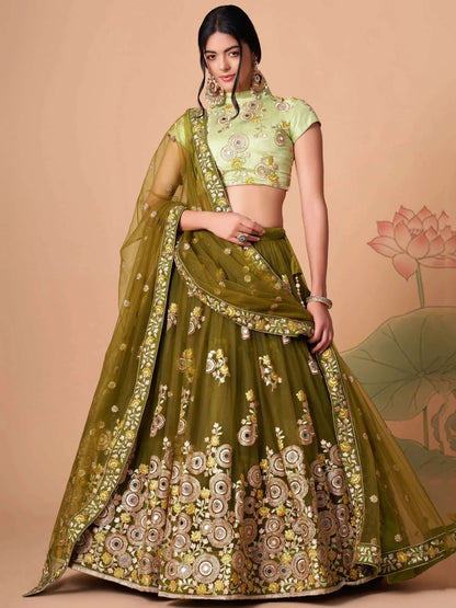 Tulsi Art Gorgeous Olive Green Embroidered Net Wedding Lehenga Choli
