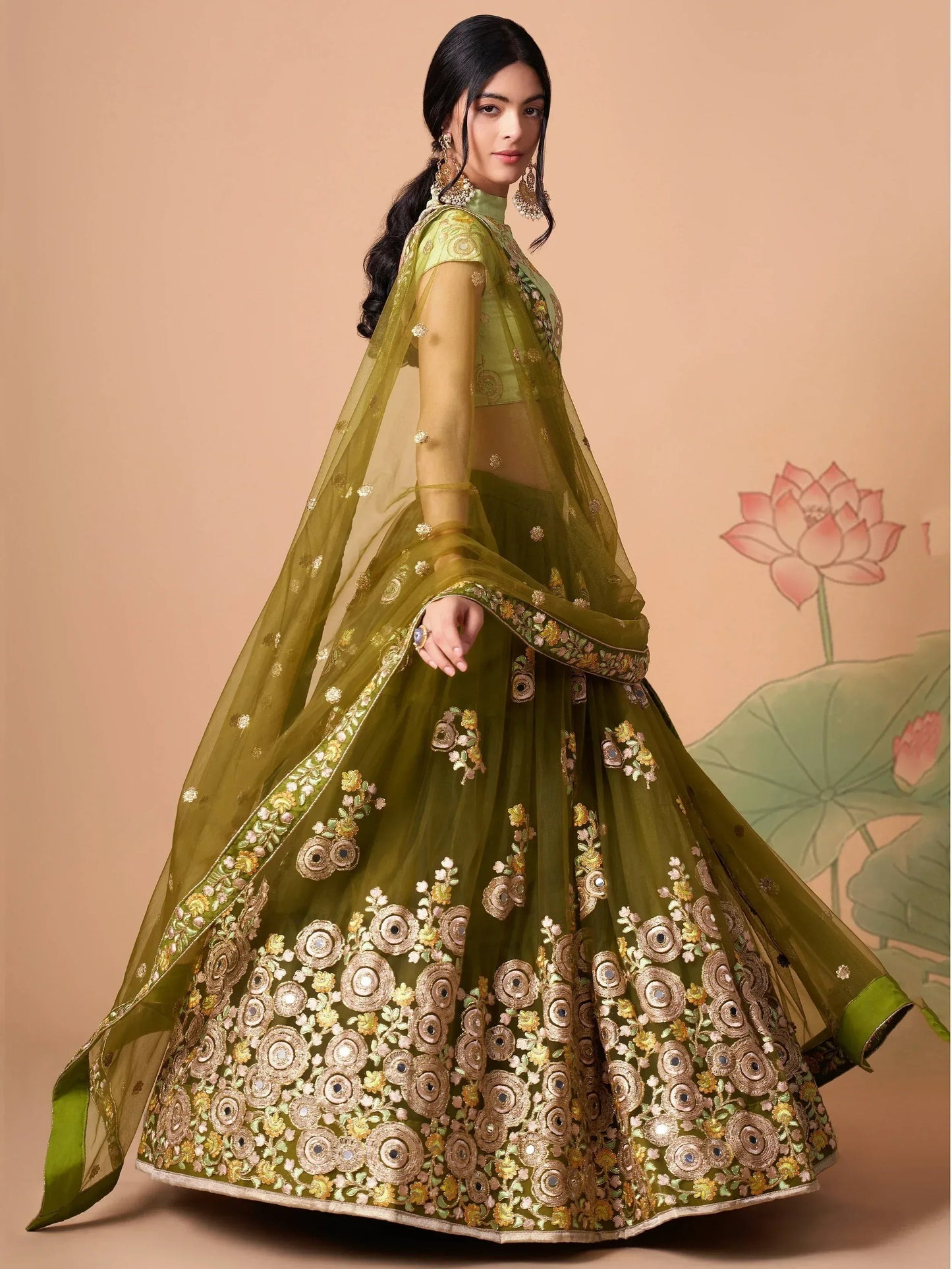 Tulsi Art Gorgeous Olive Green Embroidered Net Wedding Lehenga Choli