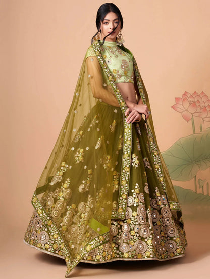 Tulsi Art Gorgeous Olive Green Embroidered Net Wedding Lehenga Choli