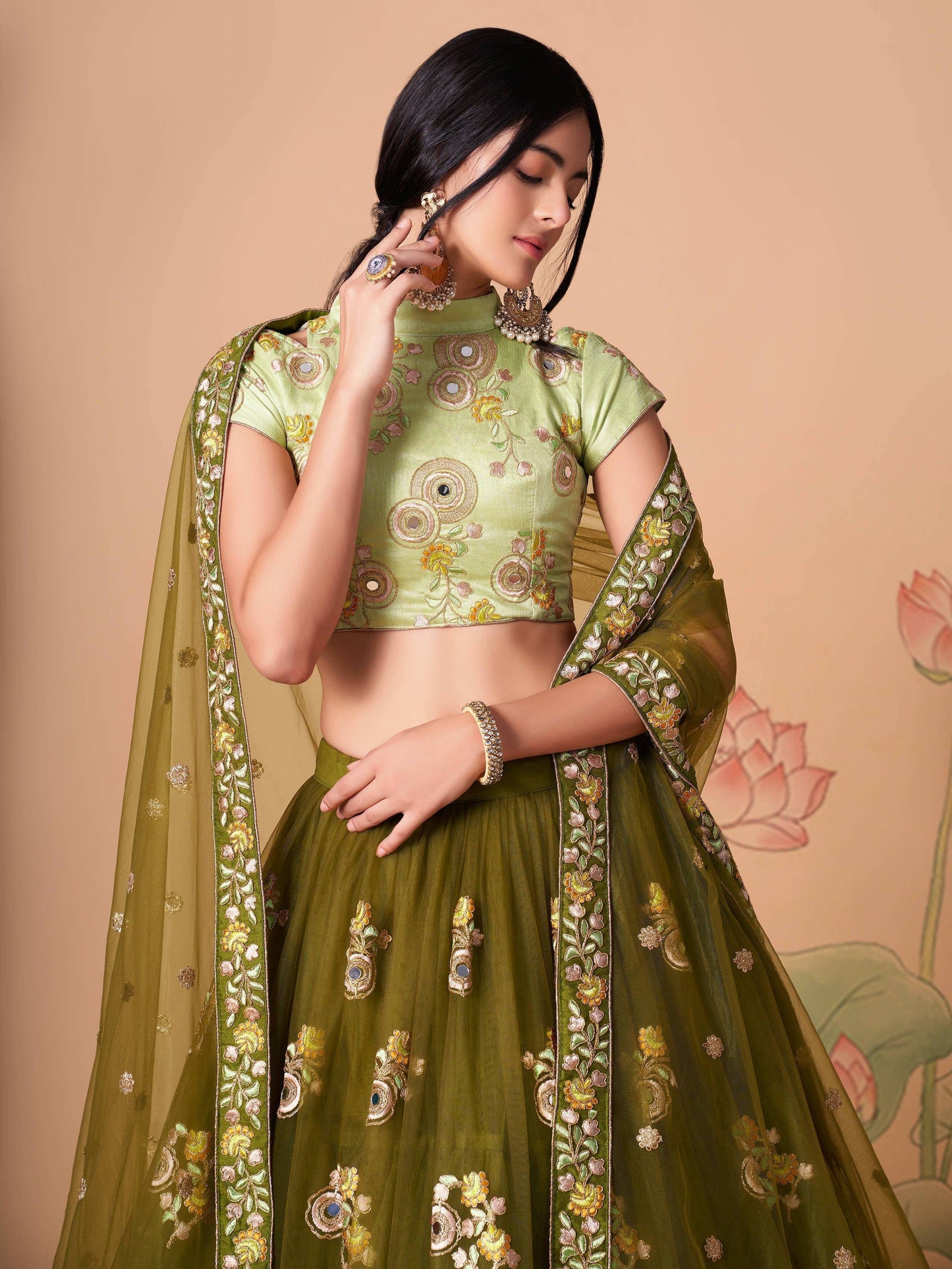 Tulsi Art Gorgeous Olive Green Embroidered Net Wedding Lehenga Choli