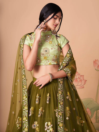 Tulsi Art Gorgeous Olive Green Embroidered Net Wedding Lehenga Choli