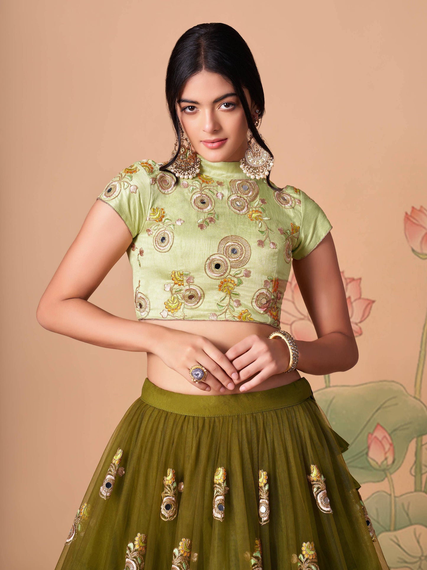 Tulsi Art Gorgeous Olive Green Embroidered Net Wedding Lehenga Choli
