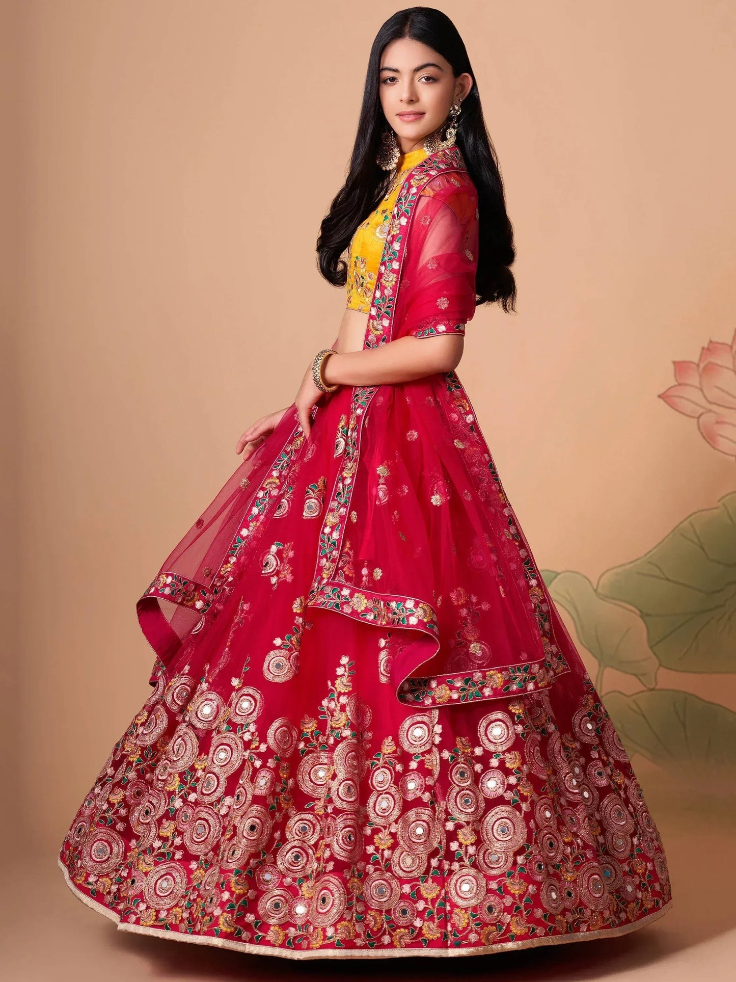 Tulsi Art Vibrant Pink Embroidered Net Designer Lehenga Choli