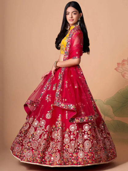 Tulsi Art Vibrant Pink Embroidered Net Designer Lehenga Choli