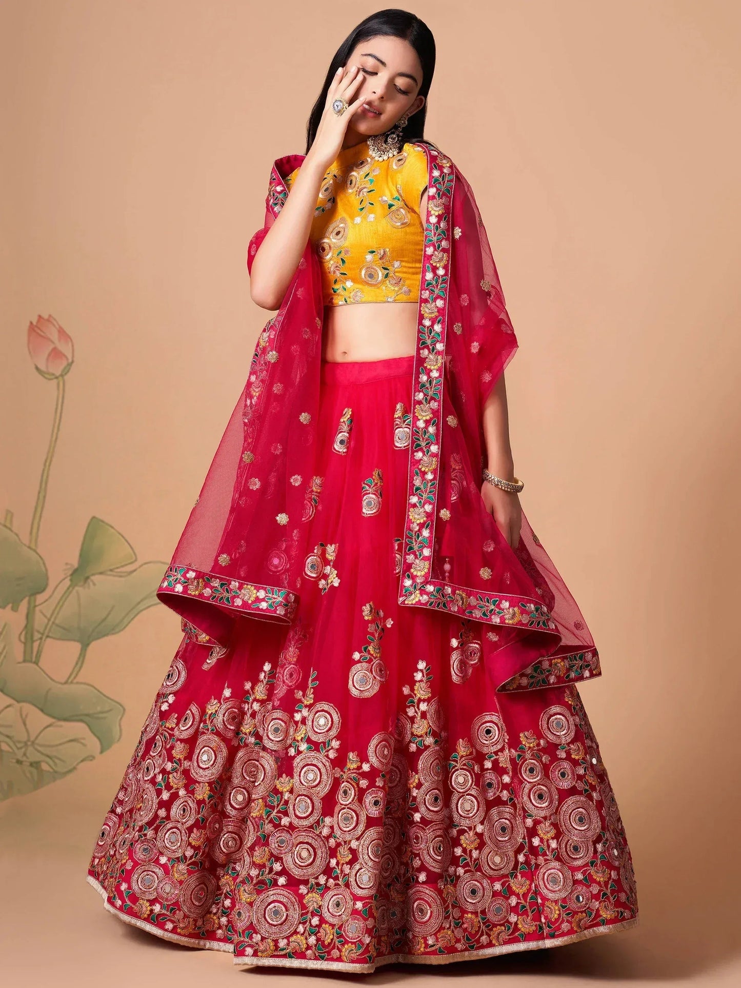 Tulsi Art Vibrant Pink Embroidered Net Designer Lehenga Choli