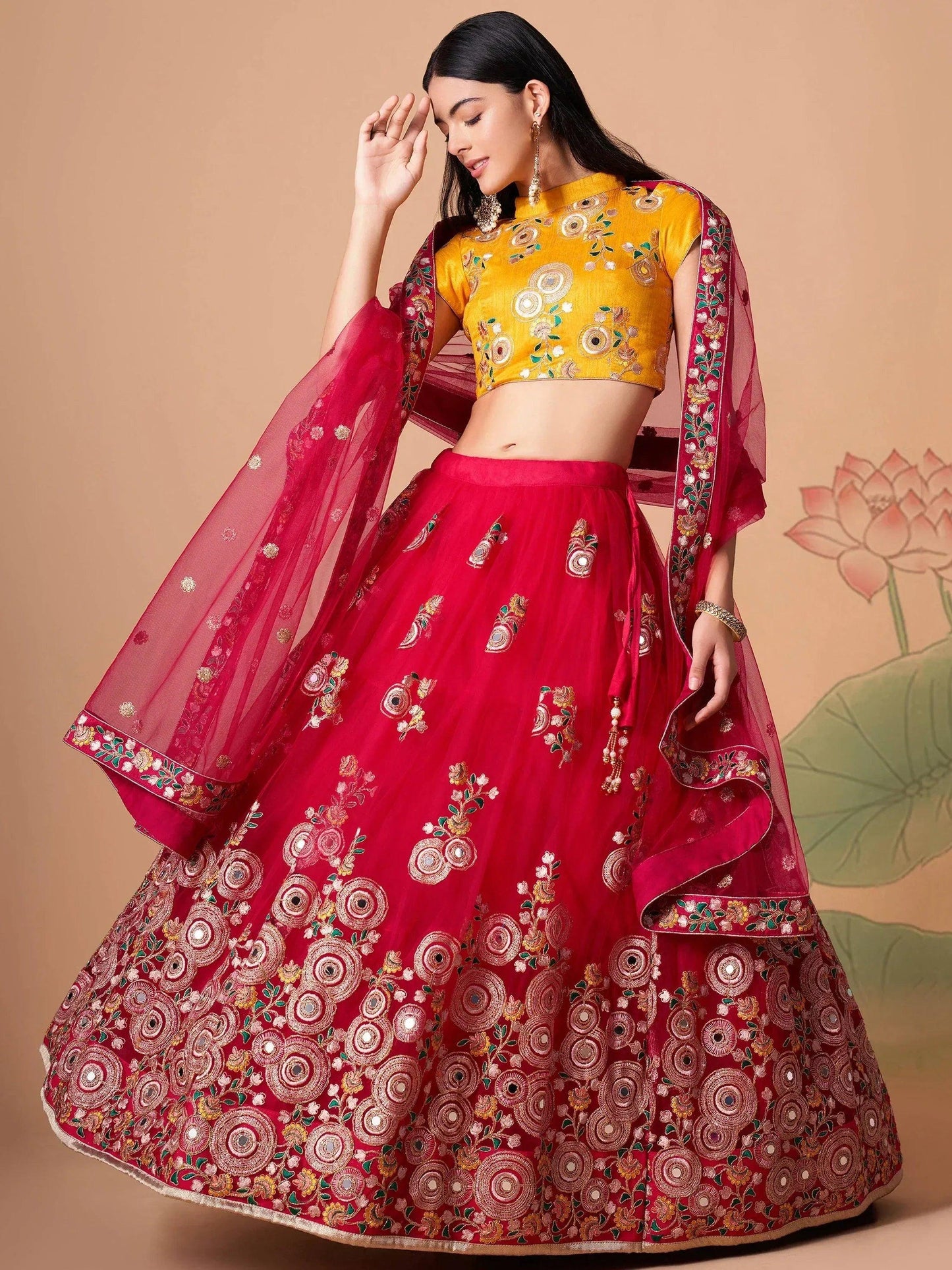 Tulsi Art Vibrant Pink Embroidered Net Designer Lehenga Choli