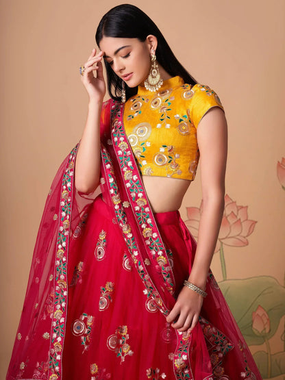 Tulsi Art Vibrant Pink Embroidered Net Designer Lehenga Choli