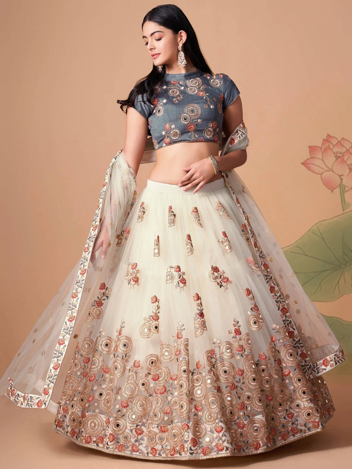 Tulsi Art Pretty Ivory Embroidered Net Party Wear Lehenga Choli