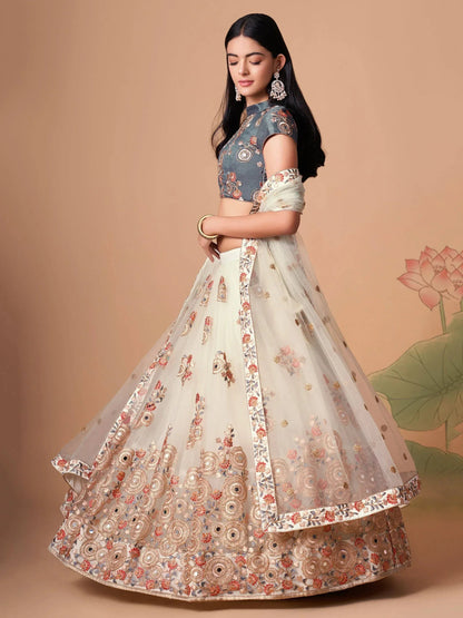 Tulsi Art Pretty Ivory Embroidered Net Party Wear Lehenga Choli