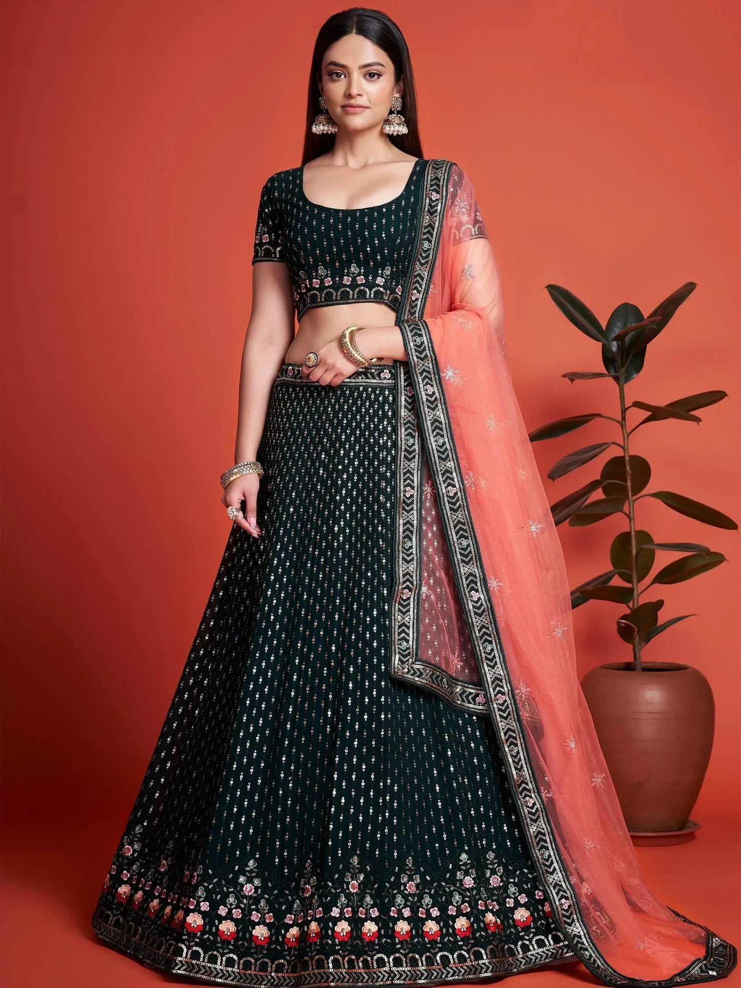 Tulsi Art Splendid Bottle Green Sequined Georgette Bridesmaid Lehenga Choli