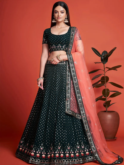 Tulsi Art Splendid Bottle Green Sequined Georgette Bridesmaid Lehenga Choli