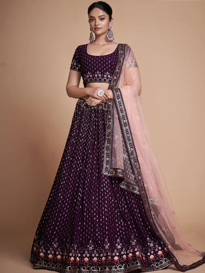 Tulsi Art Fantastic Wine Thread Embroidery Georgette Sangeet Party Lehenga Choli