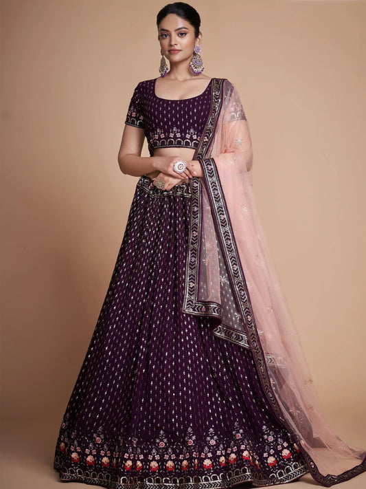 Tulsi Art Fantastic Wine Thread Embroidery Georgette Sangeet Party Lehenga Choli