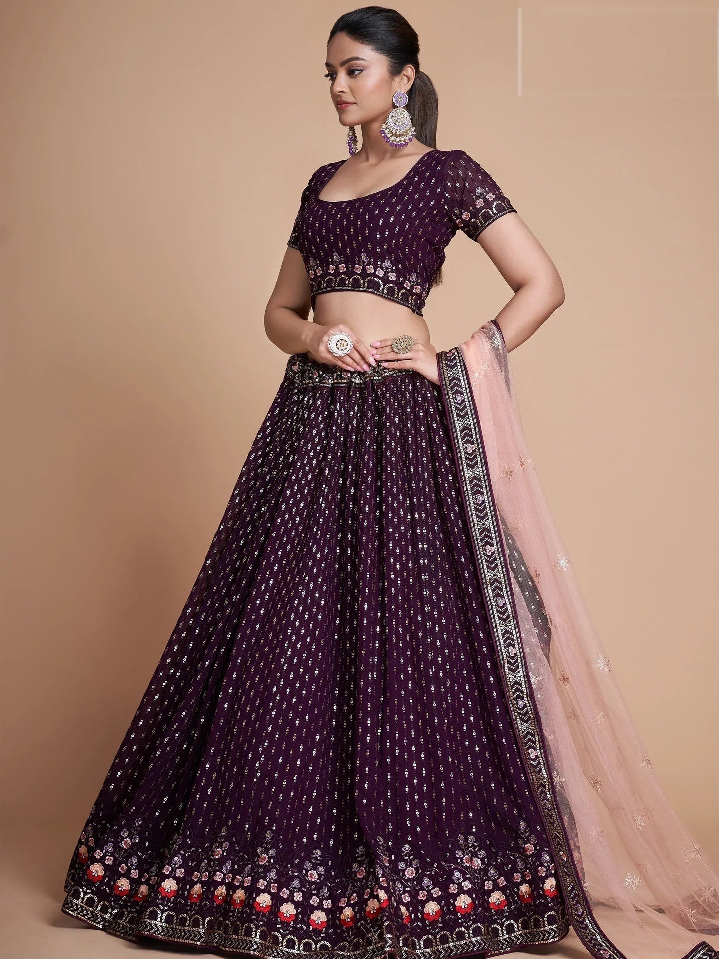 Tulsi Art Fantastic Wine Thread Embroidery Georgette Sangeet Party Lehenga Choli