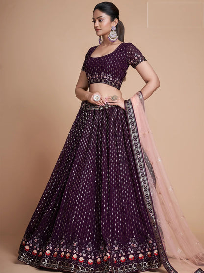 Tulsi Art Fantastic Wine Thread Embroidery Georgette Sangeet Party Lehenga Choli