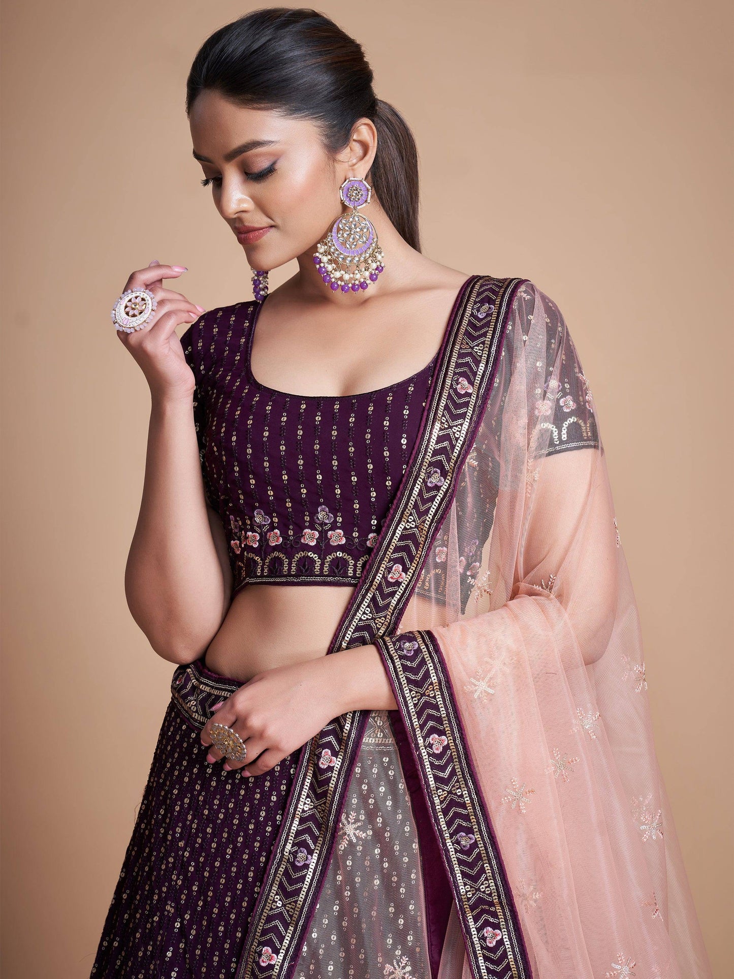 Tulsi Art Fantastic Wine Thread Embroidery Georgette Sangeet Party Lehenga Choli