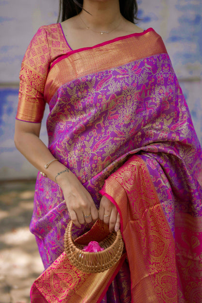 Prime Volt Royal Bridal Kanjivaram Silk Saree with Zari Weaving & Contrast Pink Pallu-Purple