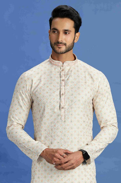 Raivat Ethnic Cotton Embroidery Kurta Pajama In Beige and Yellow Colour