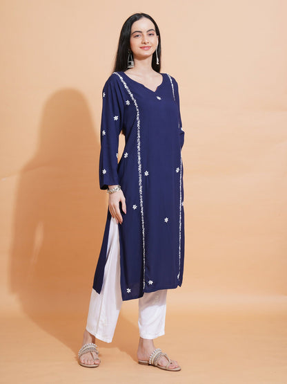 Pahnaz Luxury Rayon Chikankari Long Kurti-Blue