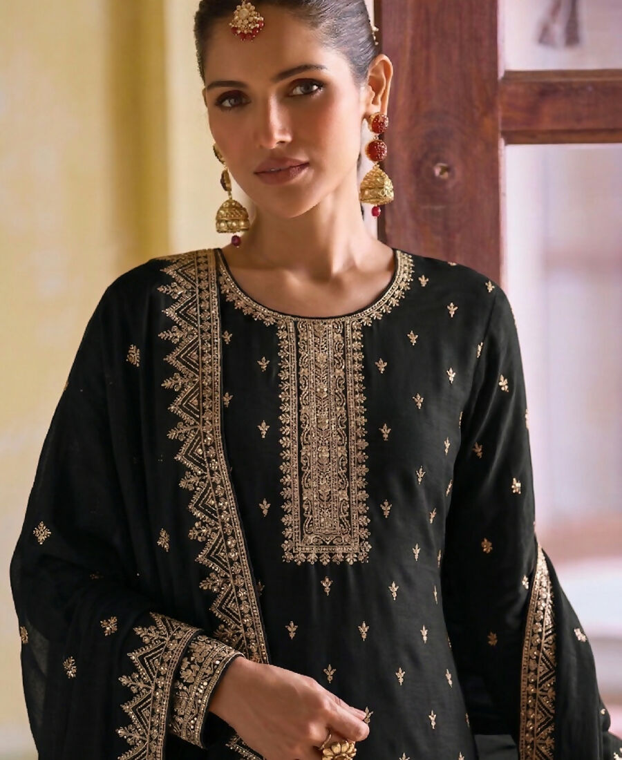 KC Black Georgette Straight Suit With Heavy Embroidery