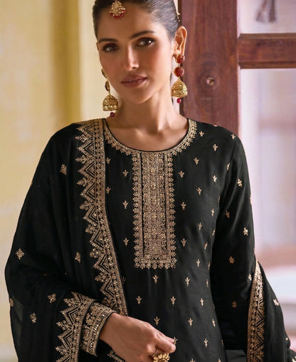 KC Black Georgette Straight Suit With Heavy Embroidery