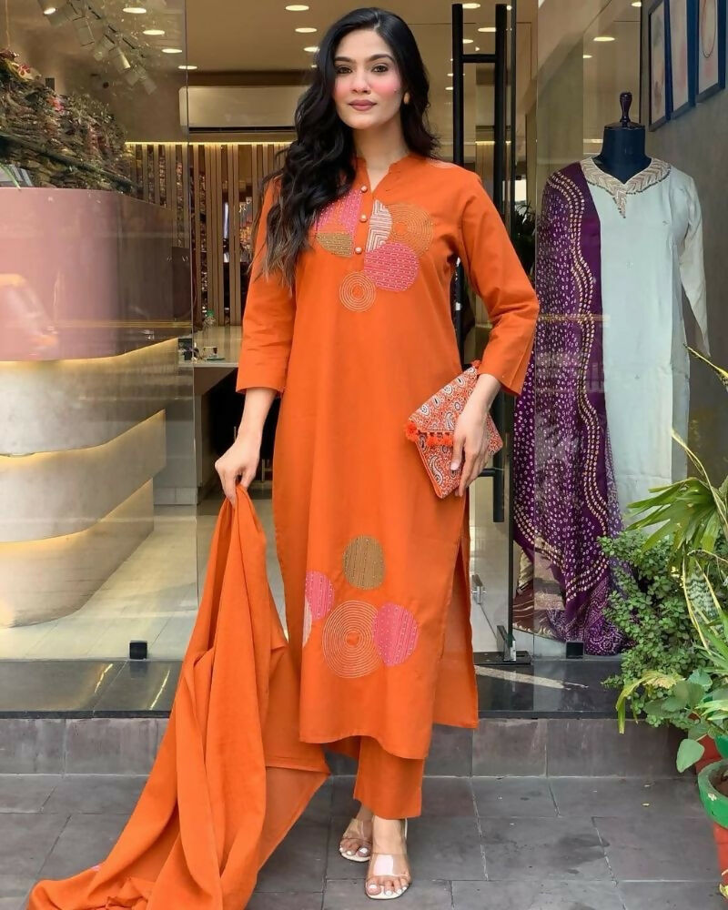 Teeya Creation Women Orange Geometric Embroidered Straight Kurta with Pants and Dupatta Set