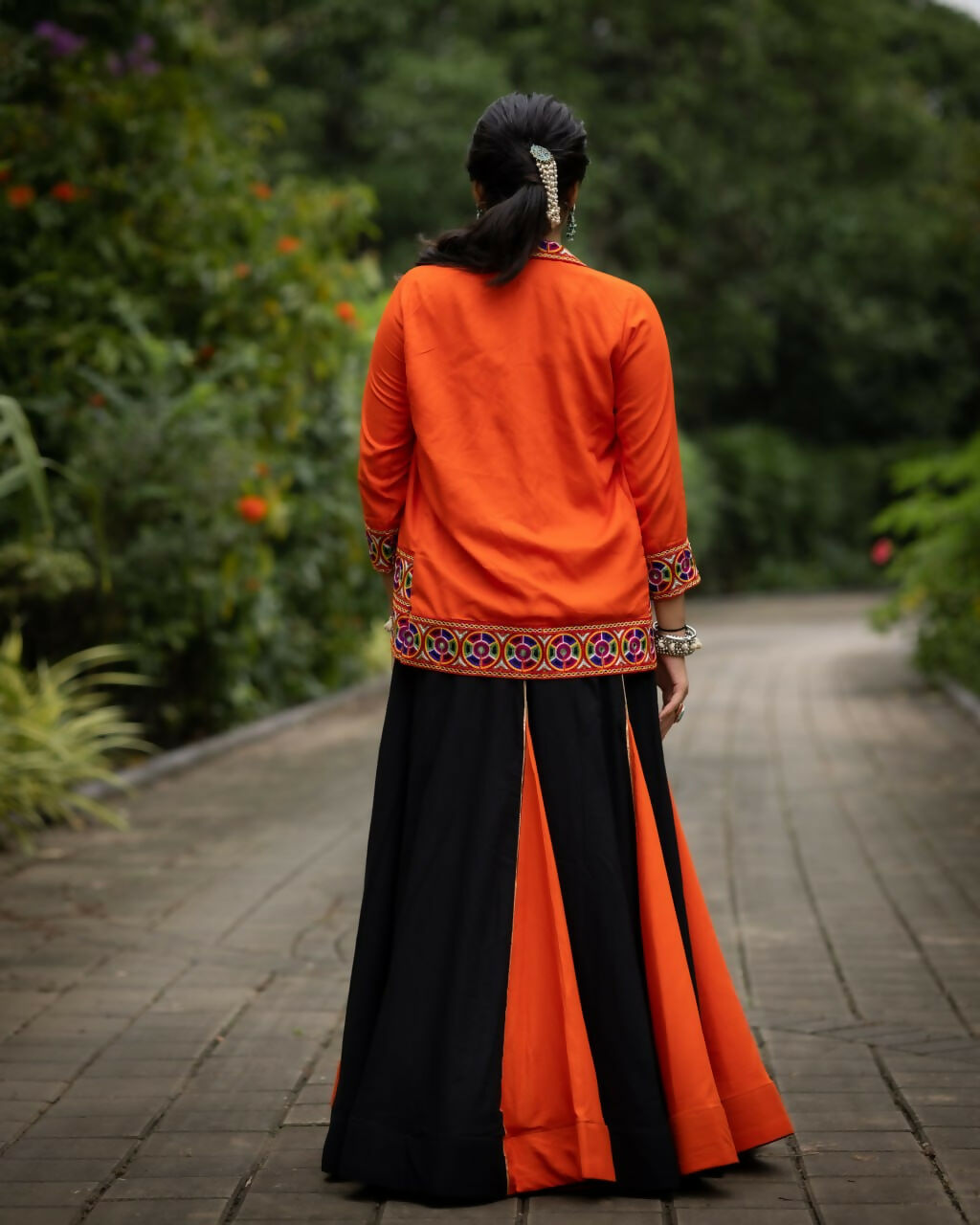 Yash Enterprise Orange Colored Rayon Cotton Embroidery Semi Stitched Navratri Top Chaniya Choli