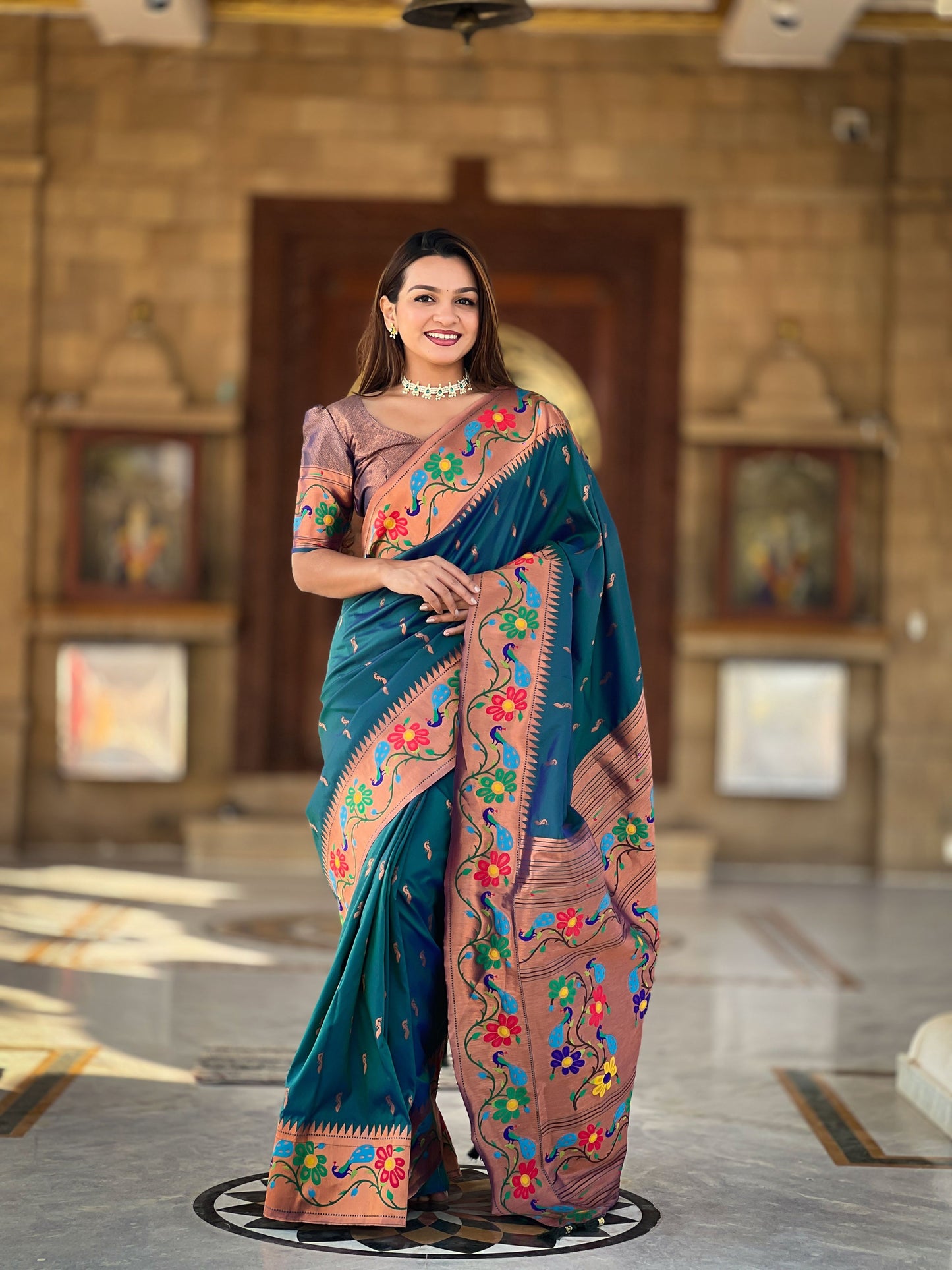 Mameraa Sarees Teal Blue Faux Banarasi Silk Saree With Paithani Rich Weaved Pallu And Blouse-Teal