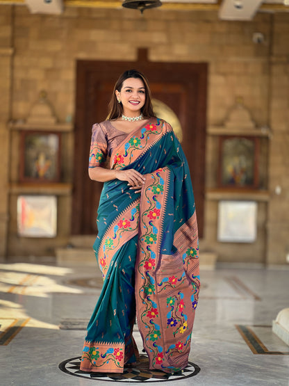 Mameraa Sarees Teal Blue Faux Banarasi Silk Saree With Paithani Rich Weaved Pallu And Blouse-Teal