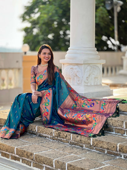 Mameraa Sarees Teal Blue Faux Banarasi Silk Saree With Paithani Rich Weaved Pallu And Blouse-Teal