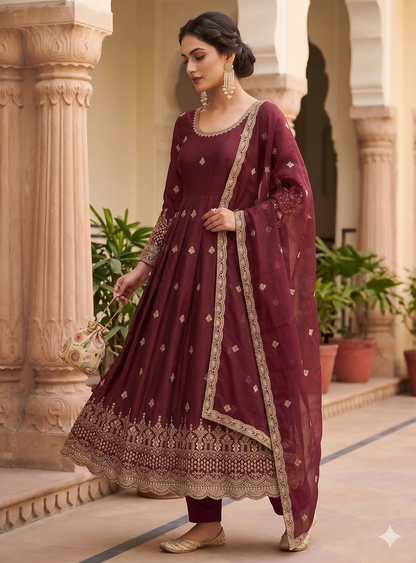 Teeya Creation Womens New Regal Maroon Embroidered Anarkali Gown Set