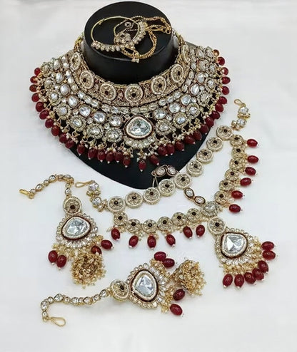 Jewel City Maroon Kundan Bridal Jewelry Set Gold Plated Wedding Choker Indian Dulhan Set with Nath & Tikka Bollywood Ethnic Jewelry