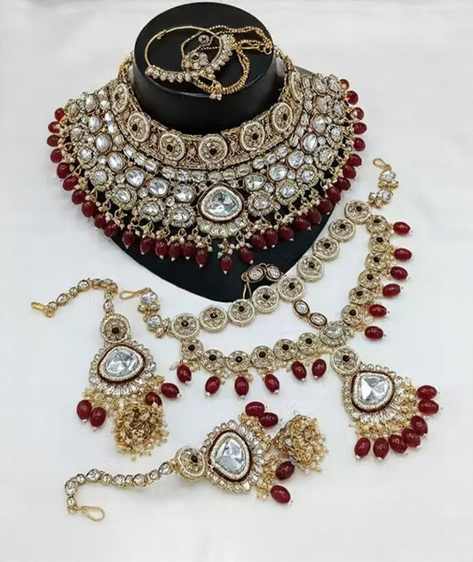 Jewel City Maroon Kundan Bridal Jewelry Set Gold Plated Wedding Choker Indian Dulhan Set with Nath & Tikka Bollywood Ethnic Jewelry