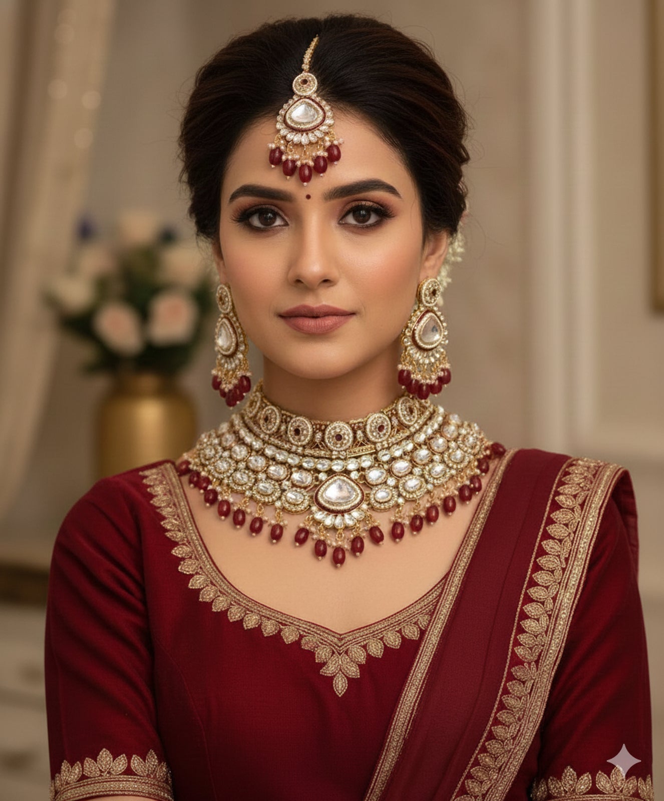 Jewel City Maroon Kundan Bridal Jewelry Set Gold Plated Wedding Choker Indian Dulhan Set with Nath & Tikka Bollywood Ethnic Jewelry