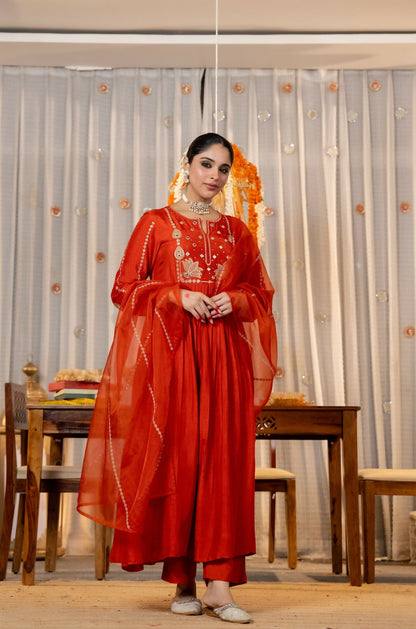 The52 Women's Gorgeous Embroidery Work Chanderi Silk Fabric Flared Kurta Pant and Dupatta Set-Orange
