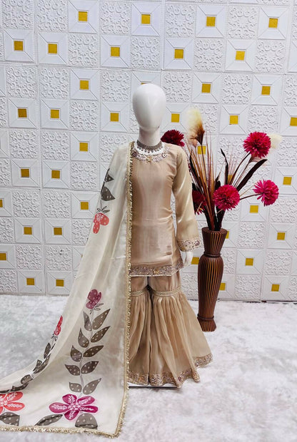 Teeya Creation New Kids Wedding Wear Heavy Embroidery Sequence Work Kurta Sharara Set-Beige