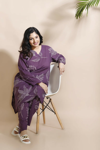 Breathables WomenS Purple Cotton Abstract Print Loungewear Co-Ord Set  Long Kurta & Pants