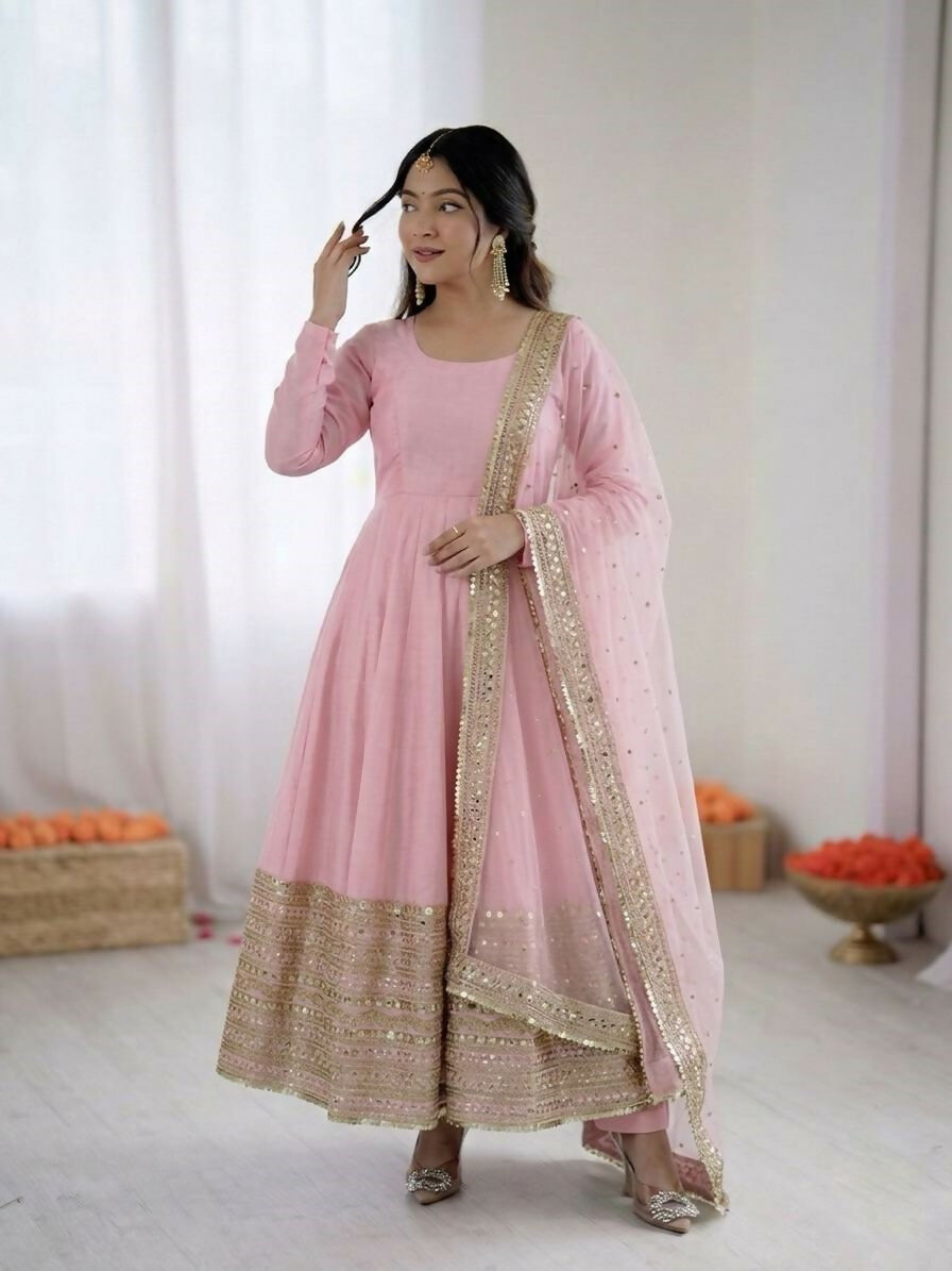 Teeya Creation Womens New Pastel Pink Solid Anarkali Kurta With Heavy Embroidered Border Gown Set