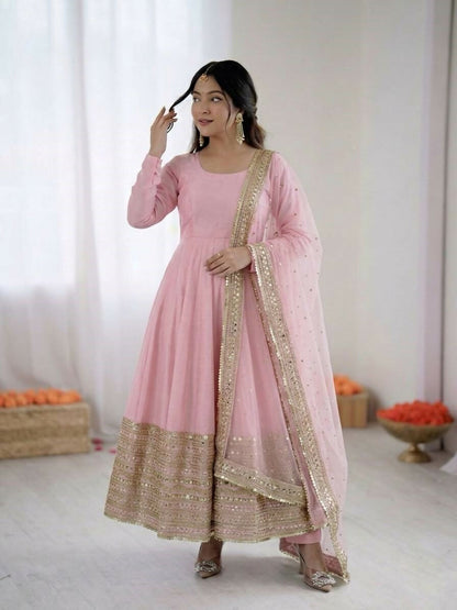 Teeya Creation Womens New Pastel Pink Solid Anarkali Kurta With Heavy Embroidered Border Gown Set