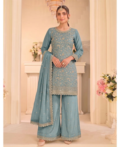 KC Sky Blue Vichitra Silk Palazzo Suit For Women Festival Wear