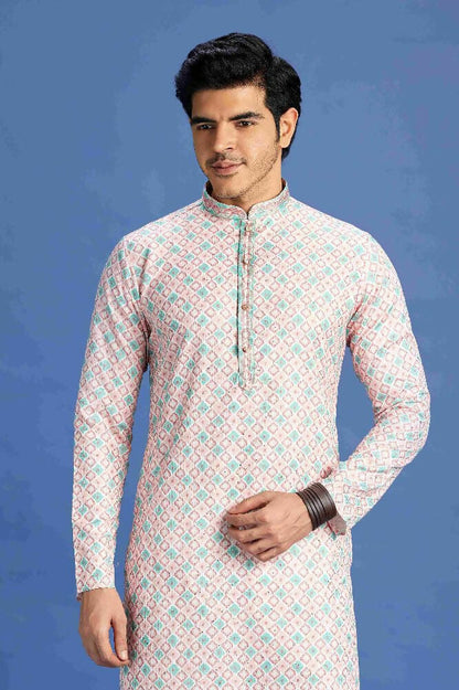 Raivat Ethnic Cotton Embroidery Kurta Pajama In Peach Colour