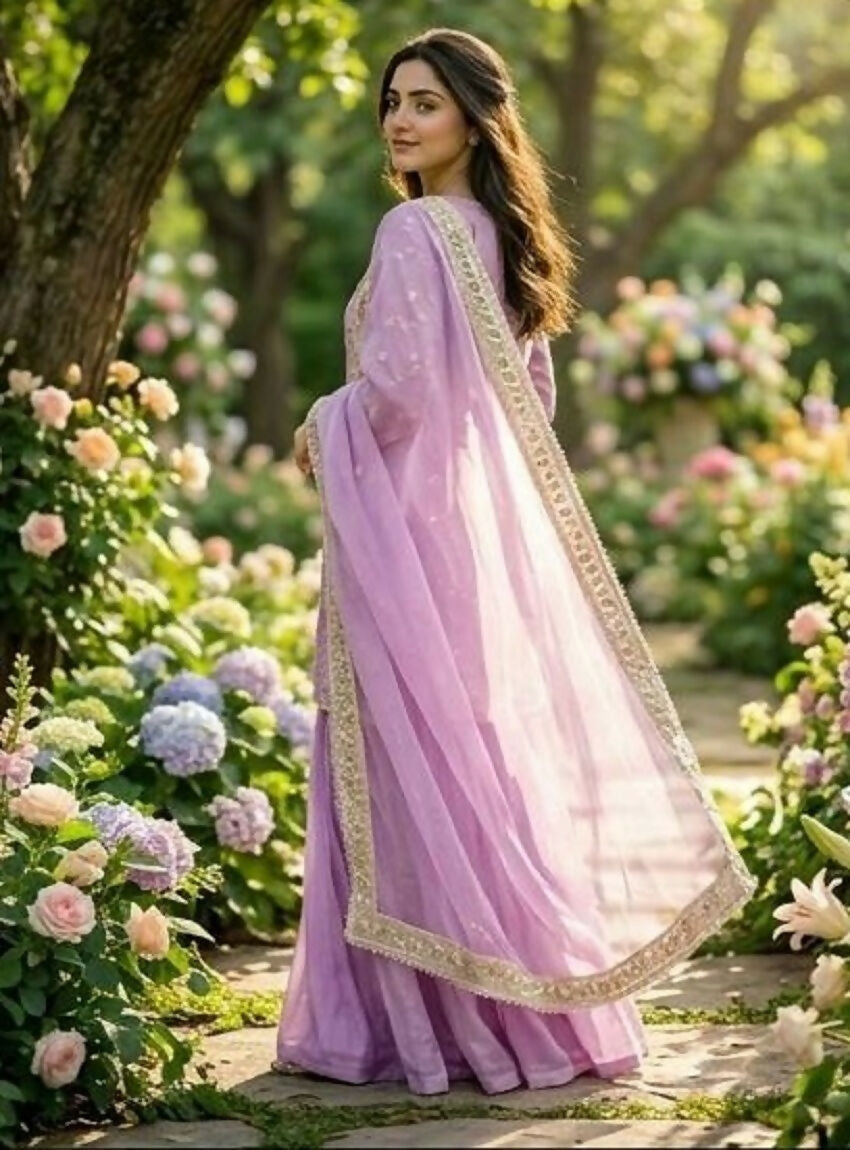 Teeya Creation Womens New Trendy Heavy Embroidery Work Kurta Palazzo Set - Lavender