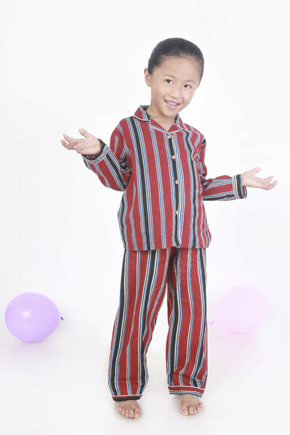 Breathables Kids Cotton Night Suit  Red Stripes Shirt & Pyjama Co-Ord Set For Boys & Girls